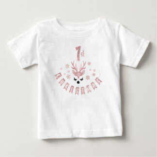 My First Christmas Modern Pink and White Reindeer Baby T-Shirt