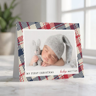 My First Christmas Modern Plaid Baby Photo Holiday Card