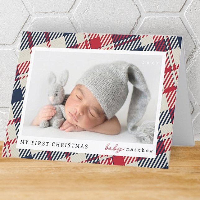 My First Christmas Modern Plaid Baby Photo Holiday Card (Creator Uploaded)
