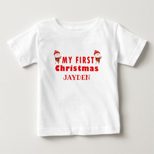 My First Christmas | Name Boy's  Baby T-Shirt (Front)