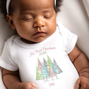 My First Christmas Name Pastel Noel Christmas Tree Baby Bodysuit