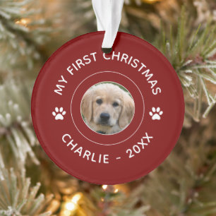 My First Christmas Name Photo Fun Dog Mum Dad Red Ornament