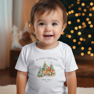My first Christmas Name Year Cute Giraffe  Baby T-Shirt