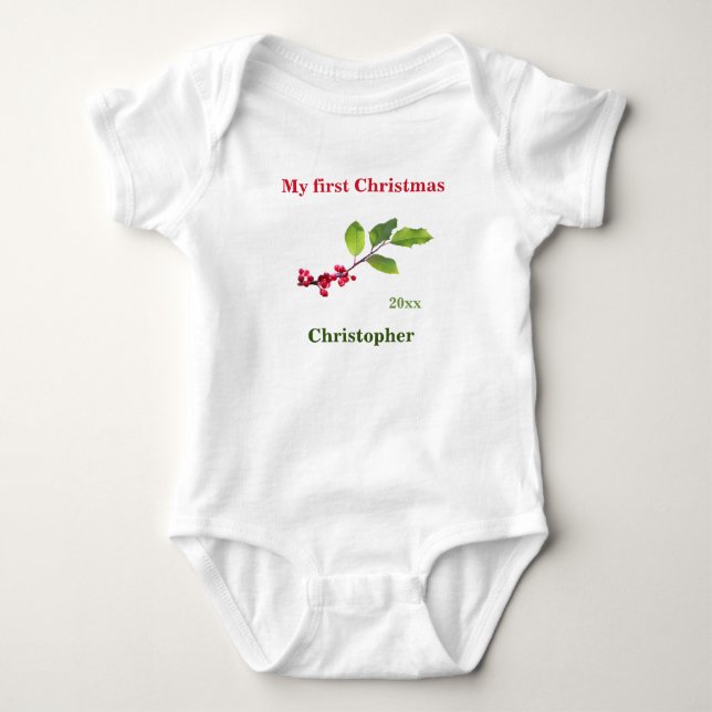 My first Christmas name year holly berry T-Shirt Baby Bodysuit (Front)