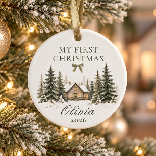 My First Christmas Olive Winter Cottage Keepsake Ceramic Tree Decoration