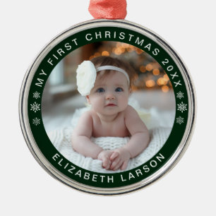 My First Christmas Personalised Baby Photo Green Metal Tree Decoration