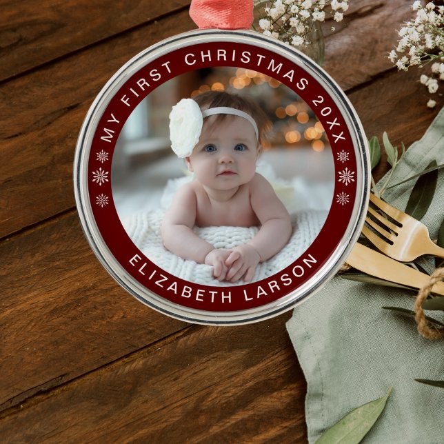 My First Christmas Personalised Baby Photo Red Metal Tree Decoration (Creator Uploaded)