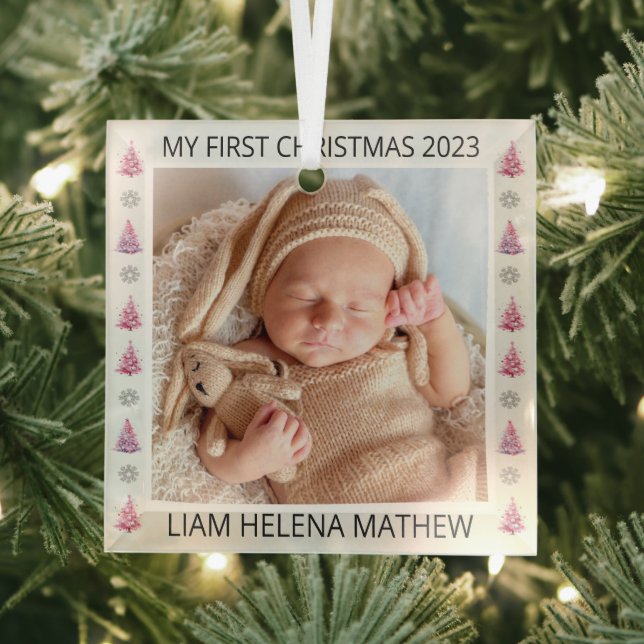 My First Christmas Personalised Elegant Baby Photo Glass Tree Decoration (Insitu)
