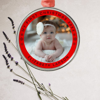 My First Christmas Personalized Baby Photo Red Metal Tree Decoration