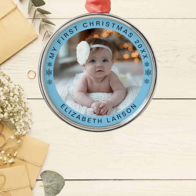 My First Christmas Personalized Baby Photo Red Metal Tree Decoration (Creator Uploaded)