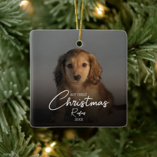 My First Christmas Pet Photo Elegant Script Ceramic Ornament