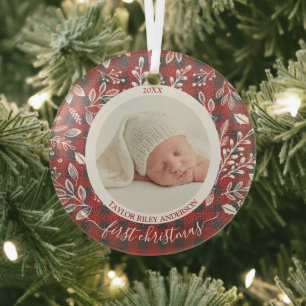 My First Christmas Photo Buffalo Plaid Glass Tree Decoration