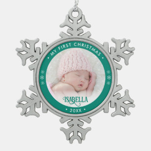 My First Christmas Photo Green Snowflake Pewter Christmas Ornament