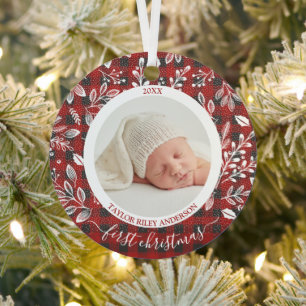 My First Christmas Photo Plaid Metal Tree Decoration