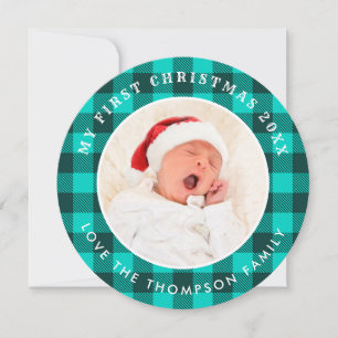 My First Christmas Photo Teal Plaid Circular Holiday Card