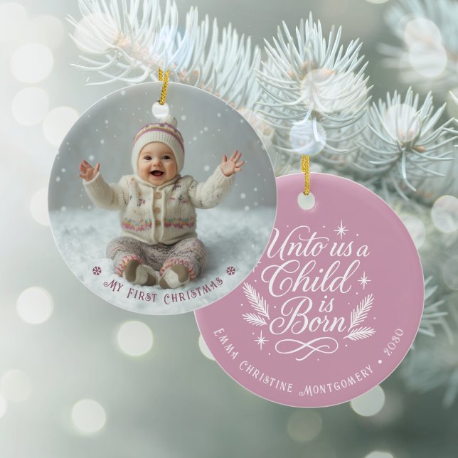 My First Christmas Pink Personalised Photo Ceramic Tree Decoration (My First Christmas Pink Personalized Photo Ceramic Ornament (front and back))