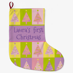 My First Christmas Pink Purple Trees Custom Large Christmas Stocking