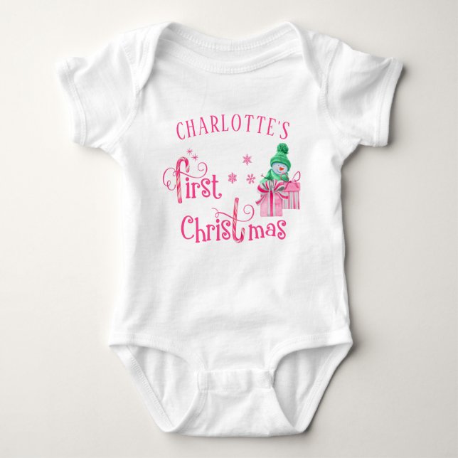 My First Christmas Pink Snowman with Presents Baby Bodysuit (Front)