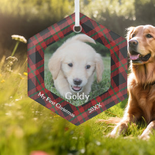 My First Christmas Plaid Pet Photo Glass Tree Decoration