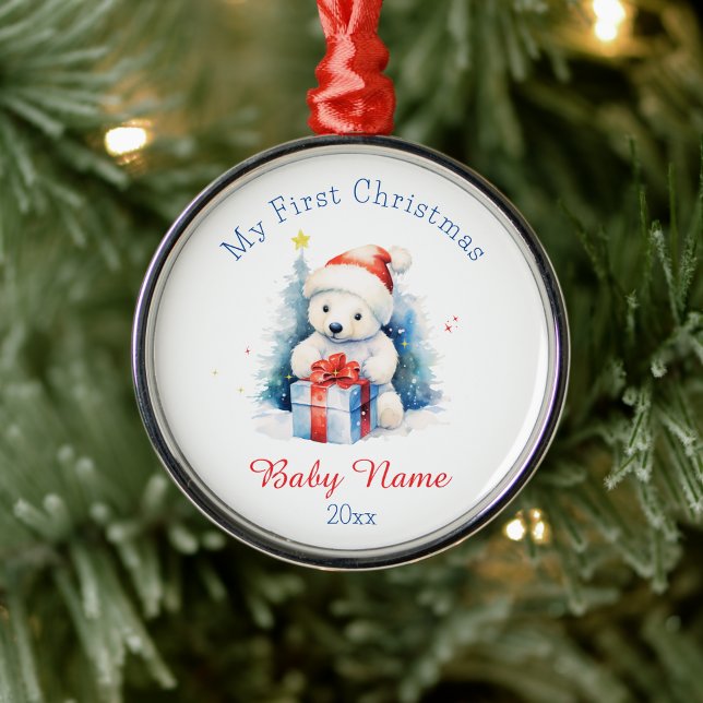My First Christmas Polar Bear Custom Name Keepsake Metal Tree Decoration (Creator Uploaded)