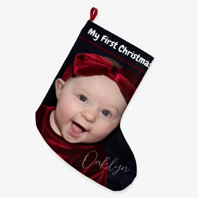 My First Christmas Portrait of Baby Large Christmas Stocking (Front (Hanging))