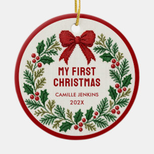 My First Christmas Red Bow Wreath Photo Ornament