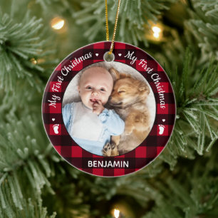 My First Christmas Red Buffalo Plaid Baby Photo Ce Ceramic Tree Decoration