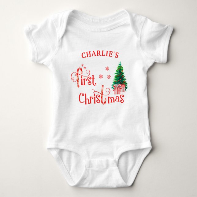 My First Christmas Red Christmas Tree and Gifts Baby Bodysuit (Front)