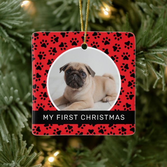 My First Christmas Red Custom Puppy Photo Ceramic Ornament (Tree)