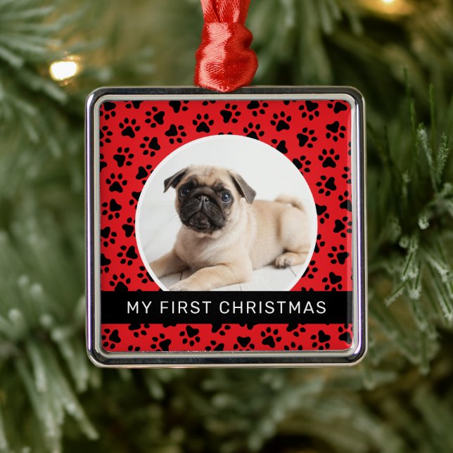 My First Christmas Red Custom Puppy Photo Metal Tree Decoration (Tree)