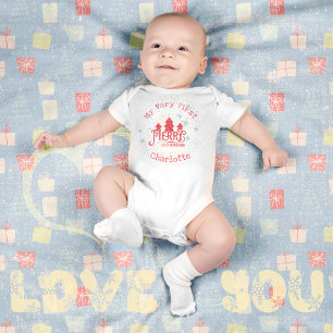 My First Christmas Red Name Cute Baby Bodysuit
