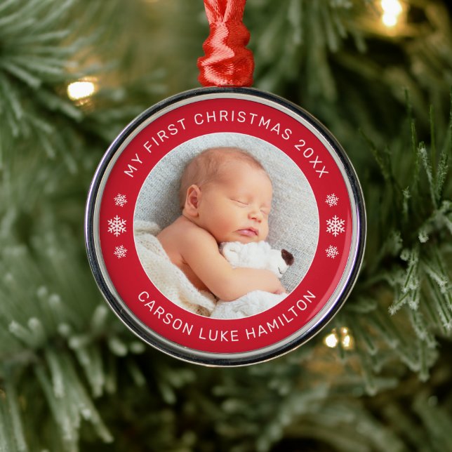 My First Christmas Red Personalized Baby Photo Metal Tree Decoration (Tree)