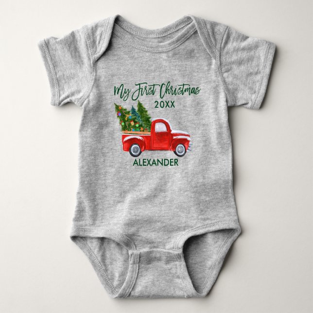 My First Christmas Red Truck Green Script Grey Baby Bodysuit (Front)