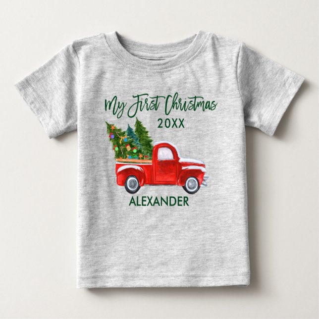 My First Christmas Red Truck Green Script Grey Baby T-Shirt (Front)