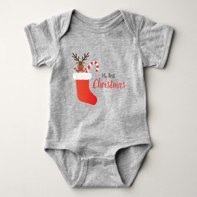 My First Christmas Reindeer In A Stocking Red Baby Bodysuit (Front)