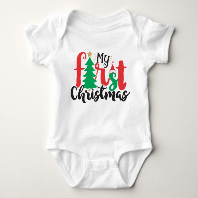My First Christmas Santa Hat Tree Red Green Baby Bodysuit (Front)