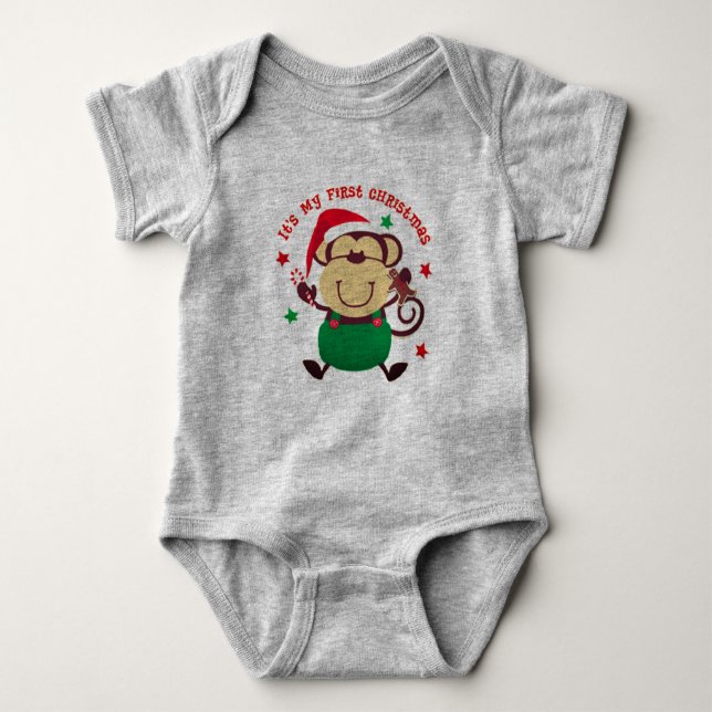 My First Christmas Santa Monkey Baby Bodysuit (Front)