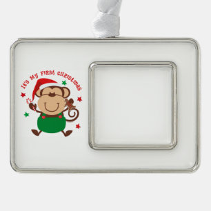 My First Christmas Santa Monkey Silver Plated Framed Ornament