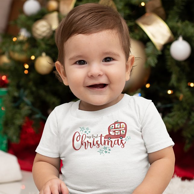 My First Christmas Santa Red Bus Script Baby T-Shirt (Creator Uploaded)