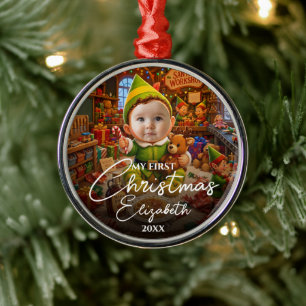 My First Christmas Santas Little Helper Photo Metal Tree Decoration