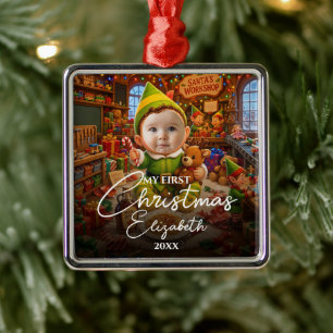 My First Christmas Santas Little Helper Photo Metal Tree Decoration