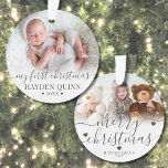 My First Christmas Script New Baby Photo Ornament<br><div class="desc">Personalised My First Christmas Baby Photo Ornament. Celebrate your newborn’s first Christmas with this sweet, custom ornament, capturing the joy of their very first holiday season. The front features a space for a cherished photo of your little one with the phrase "My First Christmas" in elegant script calligraphy, along with...</div>
