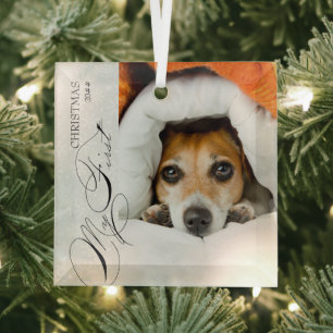 My First Christmas Script Vertical Photo Snowflake Glass Tree Decoration