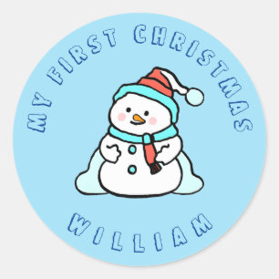 My First Christmas   Snowman Custom Blue Classic Round Sticker