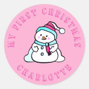 My First Christmas Snowman Custom Pink Classic Round Sticker