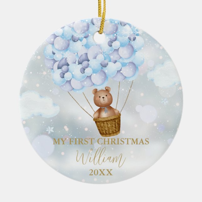My First Christmas Teddy Bear Blue Balloons Photo Ceramic Tree Decoration (Front)