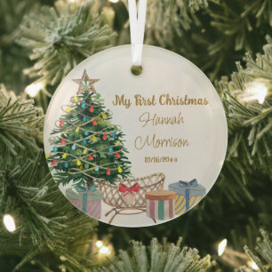 My First Christmas Tree and Crib New Baby Glass Tree Decoration
