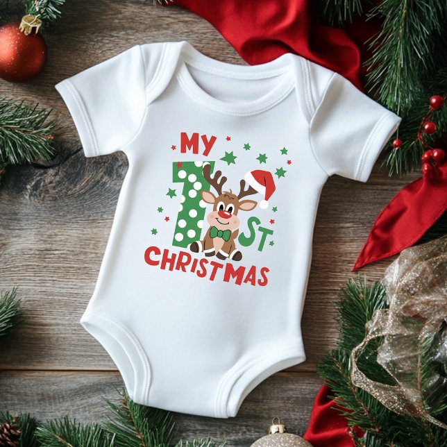 My First Christmas Typography Cute Reindeer Baby Bodysuit (Creator Uploaded)