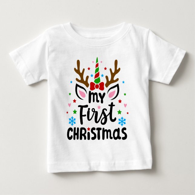 My First Christmas Typography Cute Unicorn Baby T-Shirt (Front)