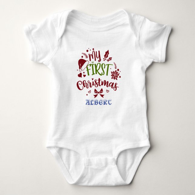 My First Christmas Typography Santa hat Monogram Baby Bodysuit (Front)